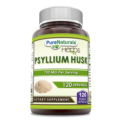 Pure Naturals Psyllium Husk Supplement | 750 Mg Per Serving | Veggie Capsules | Non-GMO | Gluten-Free | Made in USA (120 Count)