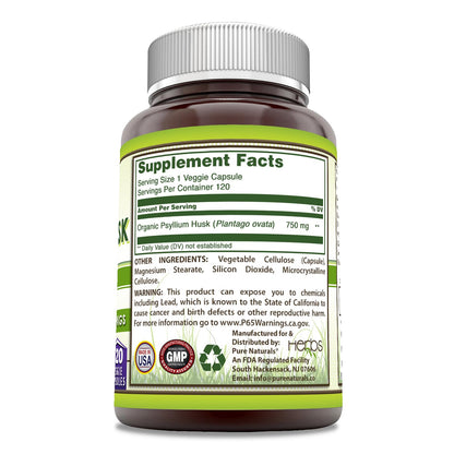 Pure Naturals Psyllium Husk Supplement | 750 Mg Per Serving | Veggie Capsules | Non-GMO | Gluten-Free | Made in USA (120 Count)