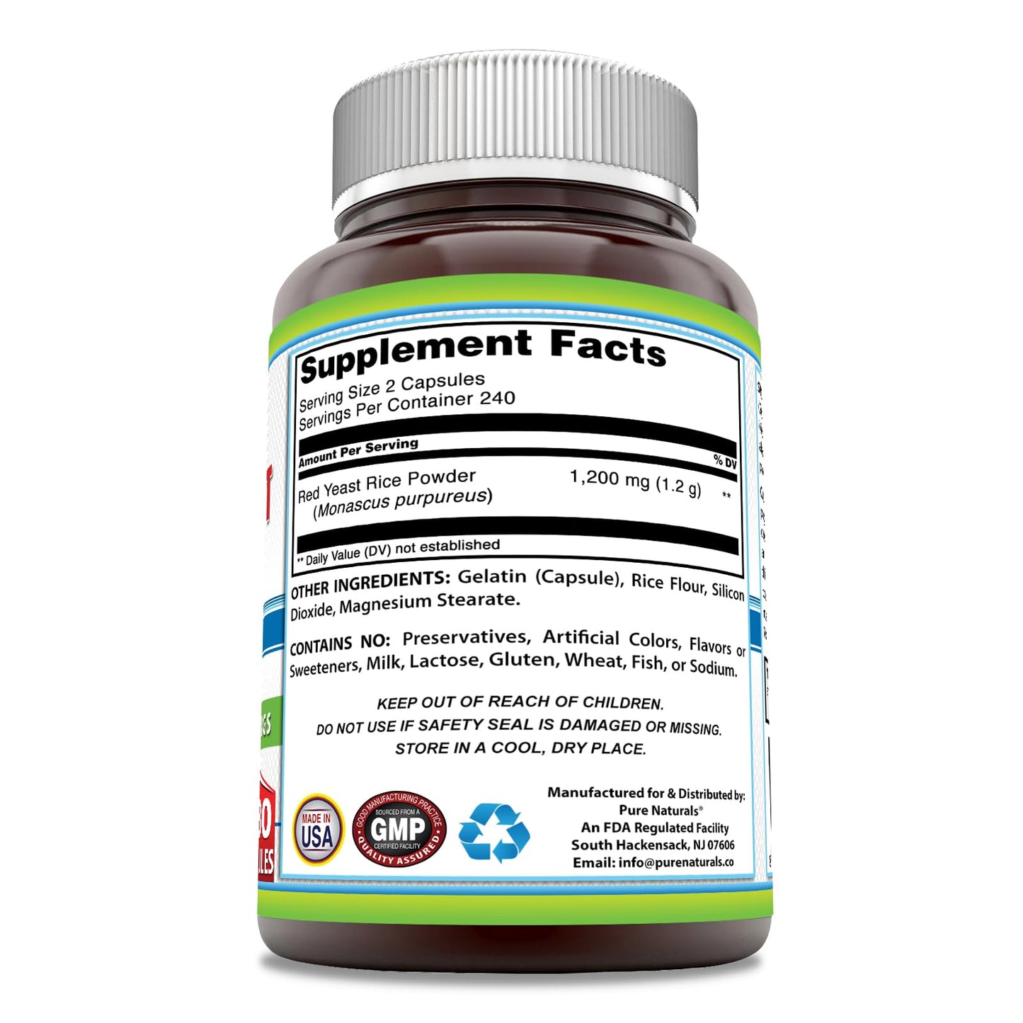 Pure Naturals Red Yeast Rice 1200 mg per Serving – 480 Capsules | Non-GMO, Gluten Free, Made in USA