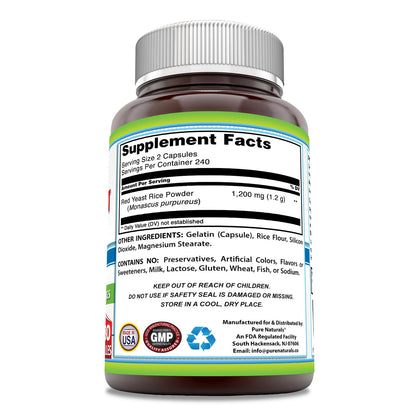 Pure Naturals Red Yeast Rice 1200 mg per Serving – 480 Capsules | Non-GMO, Gluten Free, Made in USA