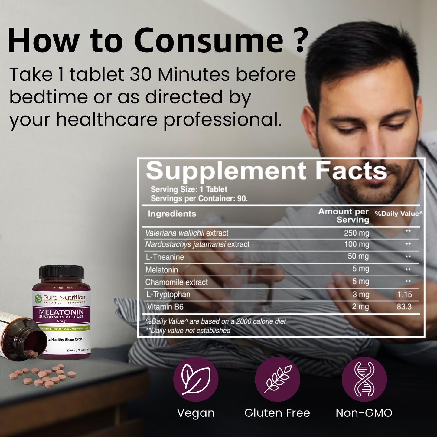 Pure Nutrition Melatonin 5mg with Valeriana wallichii – 90 Tabs | Non-Addictive Sleep Support