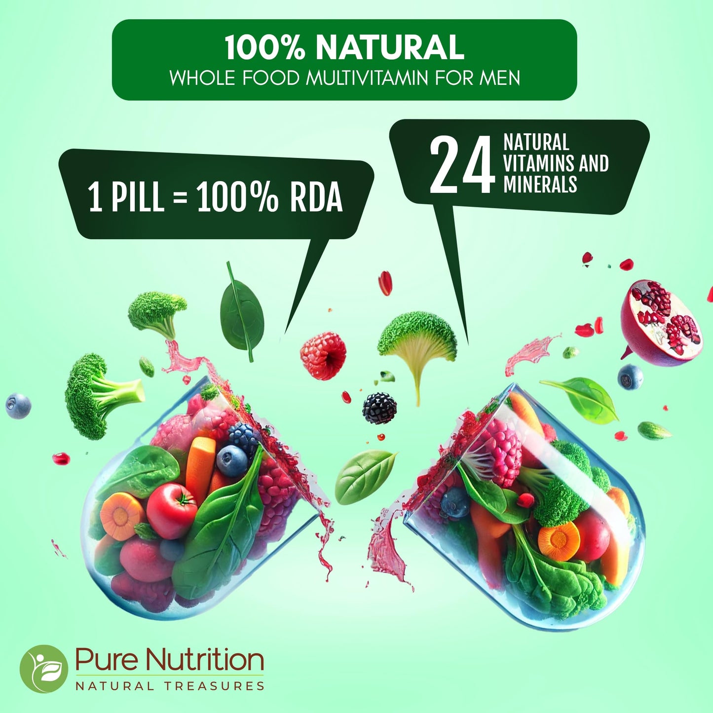 Pure Nutrition Whole Food Multivitamin for Men – 60 Tablets, One-A-Day, 24 Vitamins, 2 Months Supply