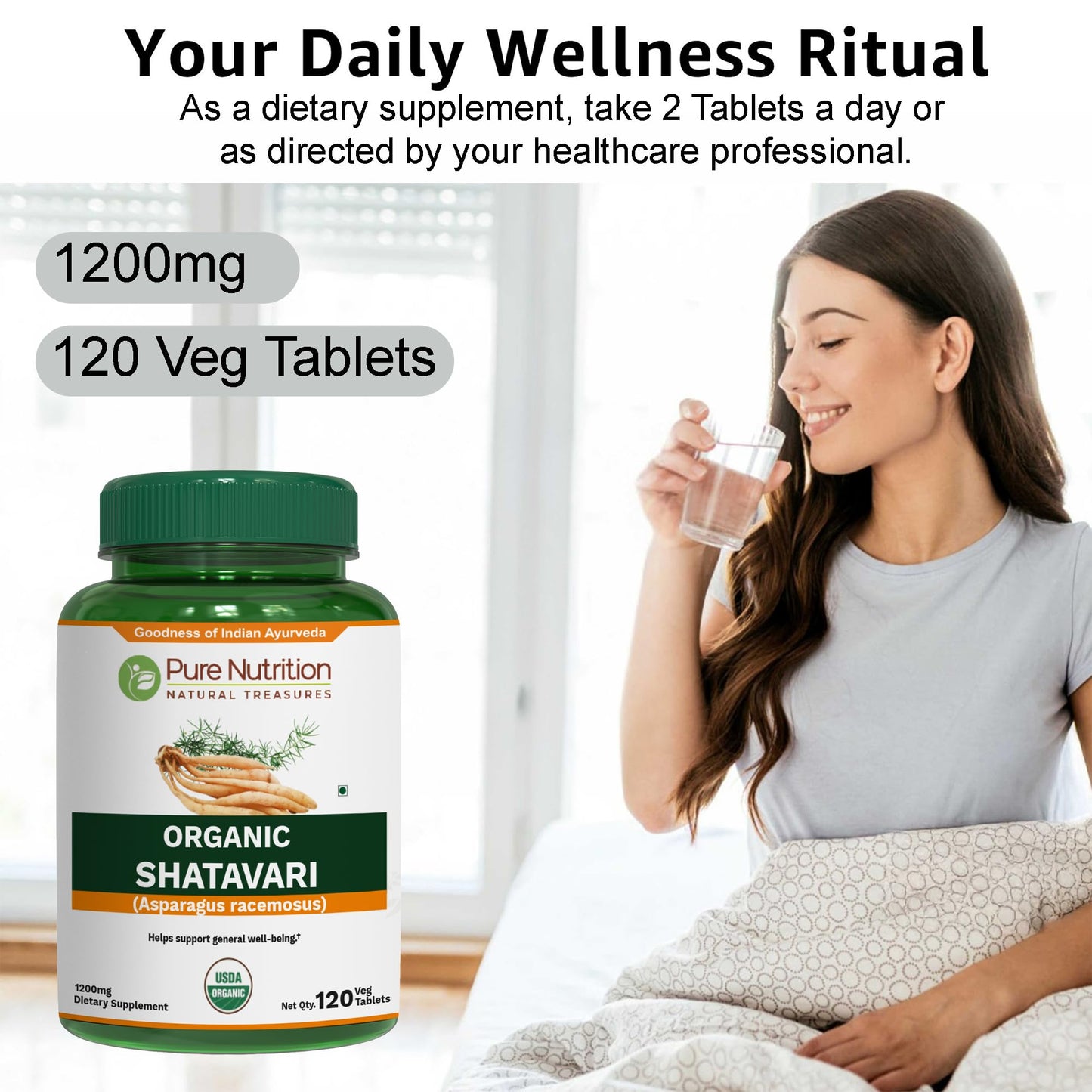 Pure Nutrition Organic Shatavari Tablets – 1200mg, 120 ct | USDA Organic