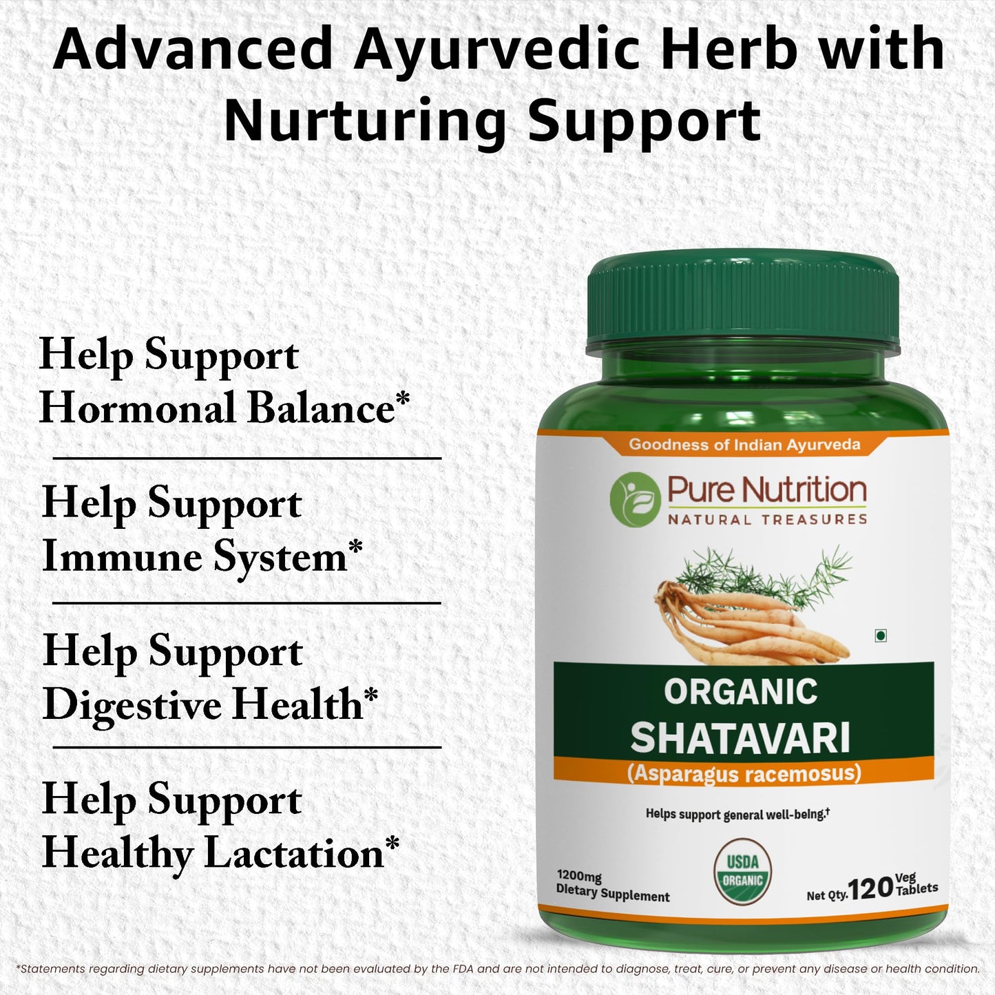 Pure Nutrition Organic Shatavari Tablets – 1200mg, 120 ct | USDA Organic