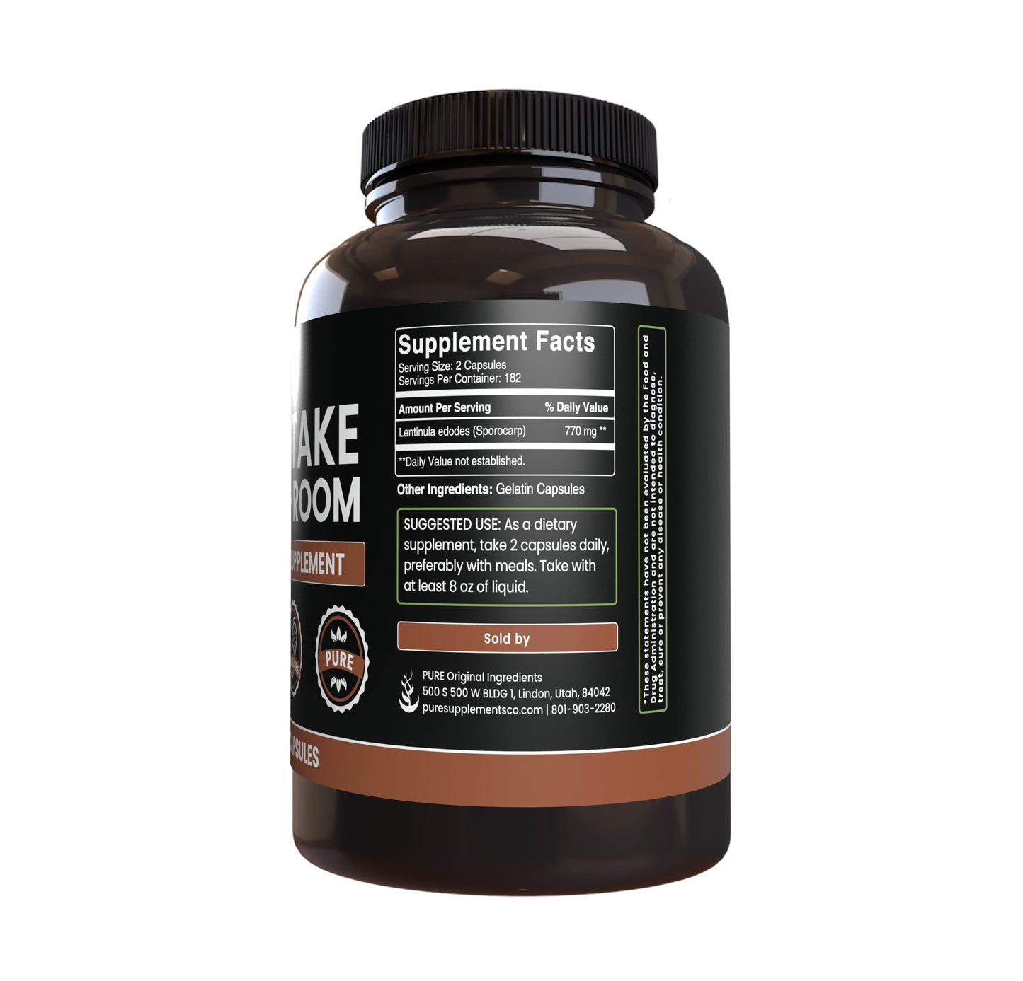 Shiitake Mushroom Capsules | Pure Original Ingredients, 365 Capsules, No Fillers, Lab Verified