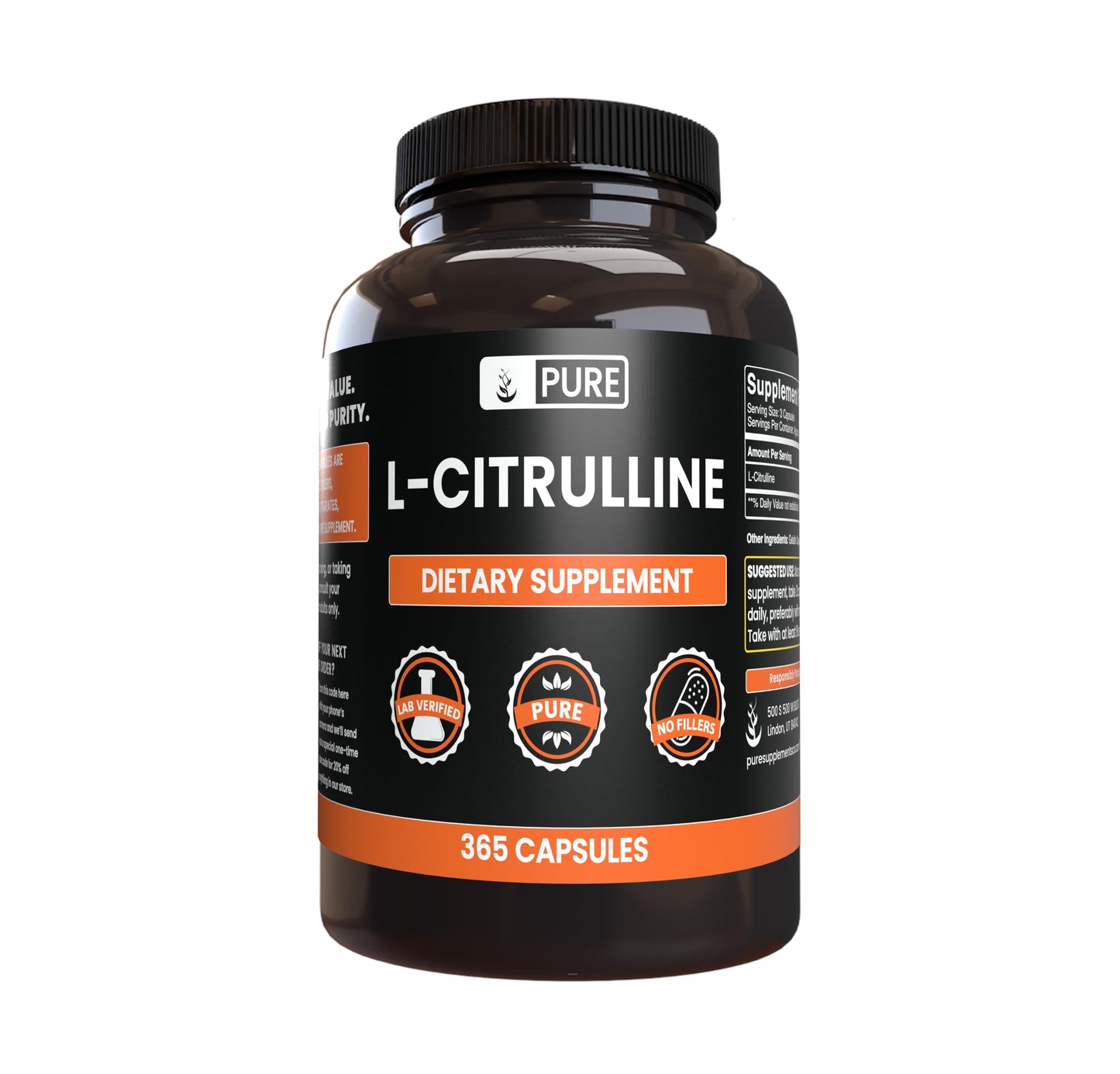 Pure Original L-Citrulline (365 Capsules) – No Magnesium or Rice Fillers, Always Pure, Lab Verified