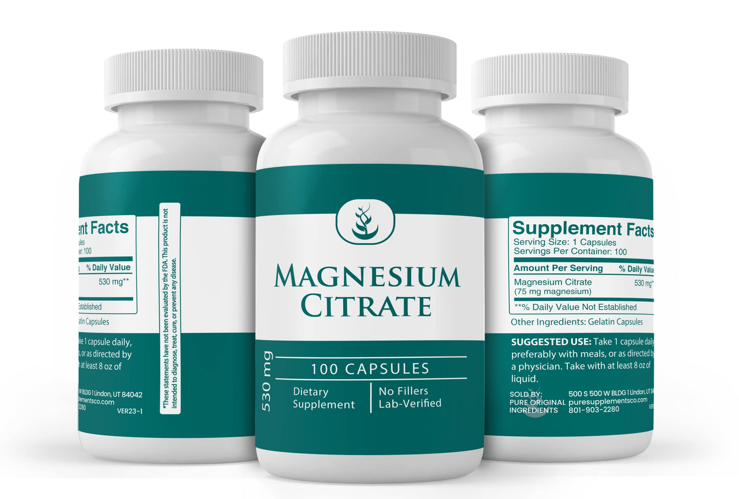 Pure Original Magnesium Citrate Capsules – 100 Count | Lab Verified, No Additives