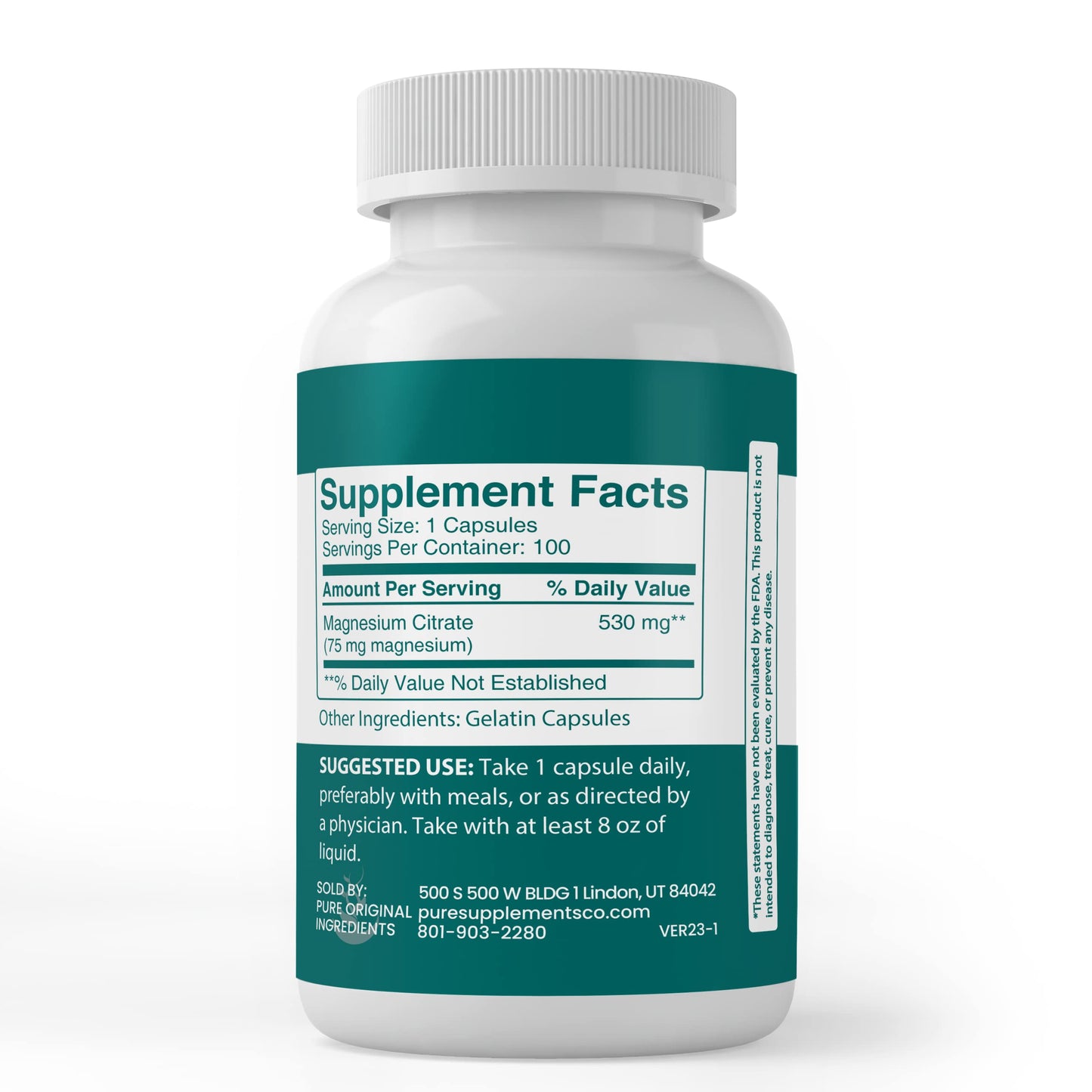 Pure Original Magnesium Citrate Capsules – 100 Count | Lab Verified, No Additives