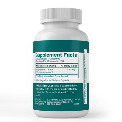 Pure Original Magnesium Citrate Capsules – 100 Count | Lab Verified, No Additives