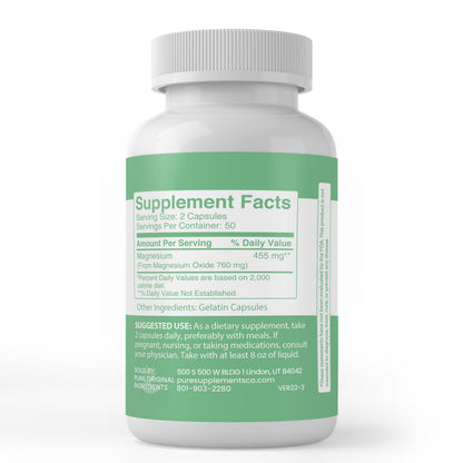 Pure Magnesium Oxide 100 Capsules | Always Pure, No Additives or Fillers | Lab Verified
