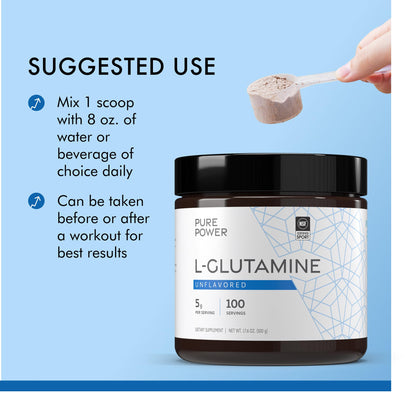 Pure Power L-Glutamine, Unflavored, 17.6 oz (500 g), 100 Servings (1 Jar), 5 g Per Serving, Non-GMO, NSF Certified for Sport, Dr. Mercola