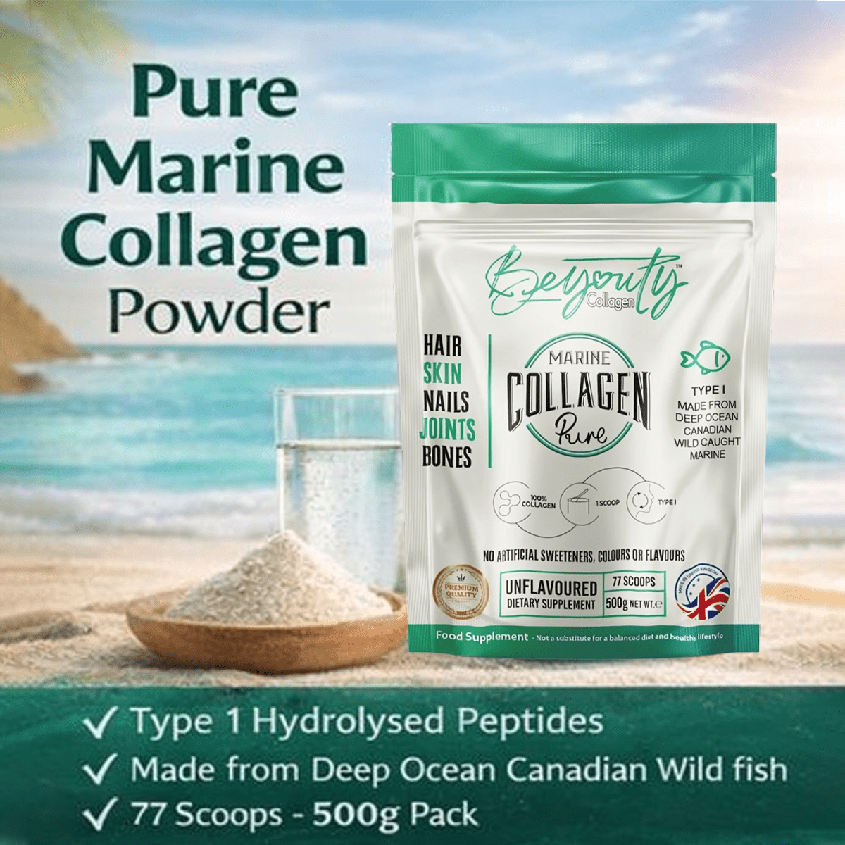 Pure Premium Marine Collagen Hydrolysed Peptides TYPE I - 500g BeYouty Collagen™