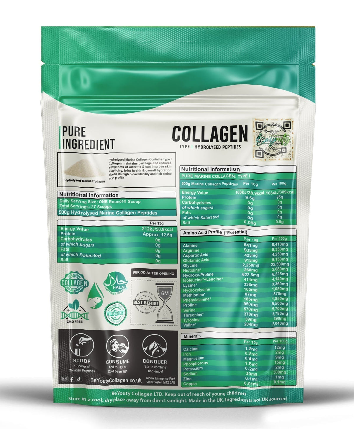 Pure Premium Marine Collagen Hydrolysed Peptides TYPE I - 500g BeYouty Collagen™