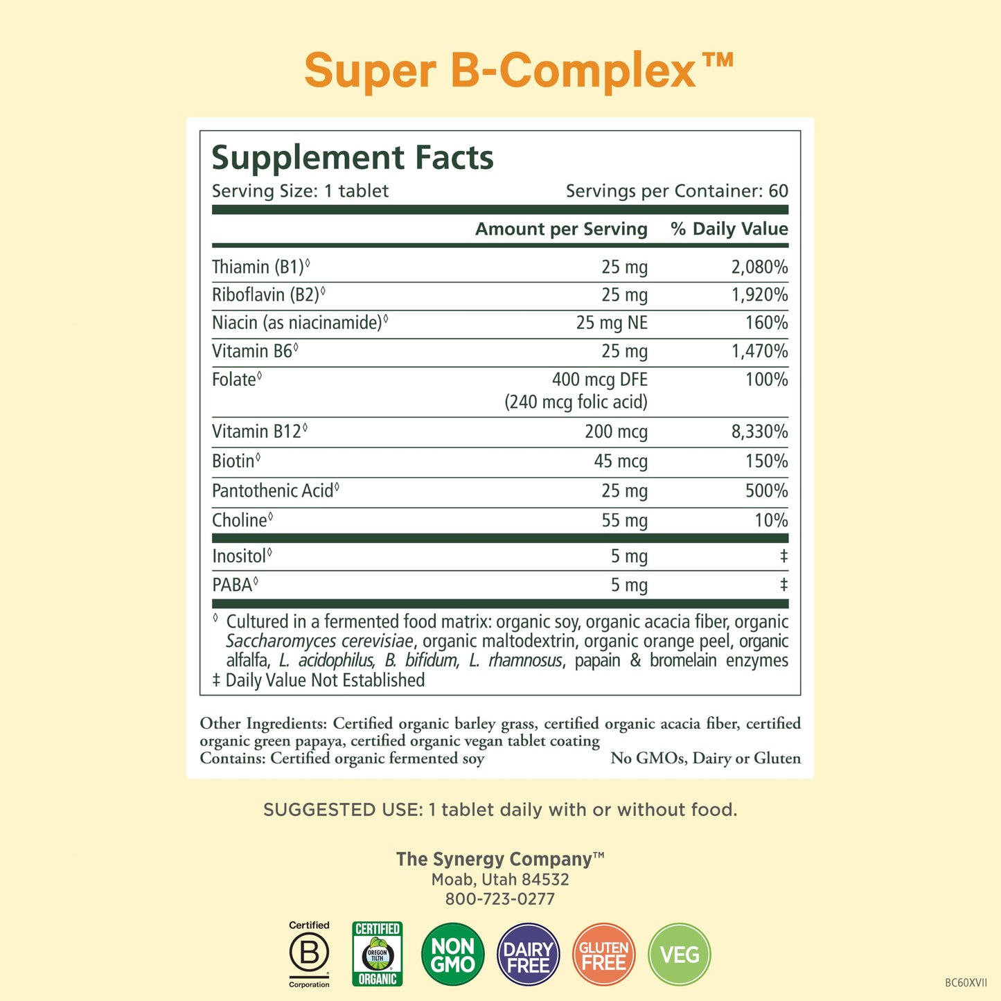 PURE SYNERGY Super B-Complex | Organic Vegan Vitamin B-Complex - 60 Tablets