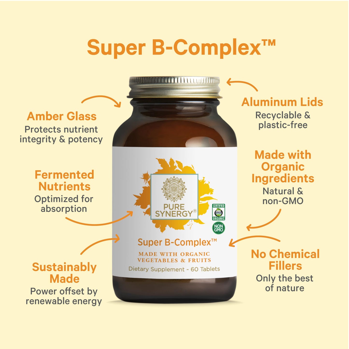 PURE SYNERGY Super B-Complex | Organic Vegan Vitamin B-Complex - 60 Tablets