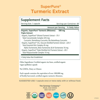 Pure Synergy SuperPure Turmeric Extract | Organic Curcumin 500 mg | 60 Capsules