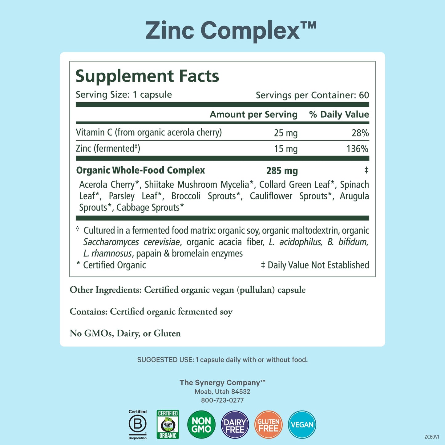 Pure Synergy Zinc Complex – Immune Support, Vegan Zinc with Vitamin C (60 Capsules)