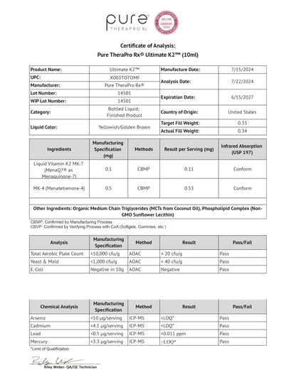 Pure TheraPro Rx Ultimate K2 Liposomal Drops – 90 Servings, 600mcg MK4 & MK7, 10ml