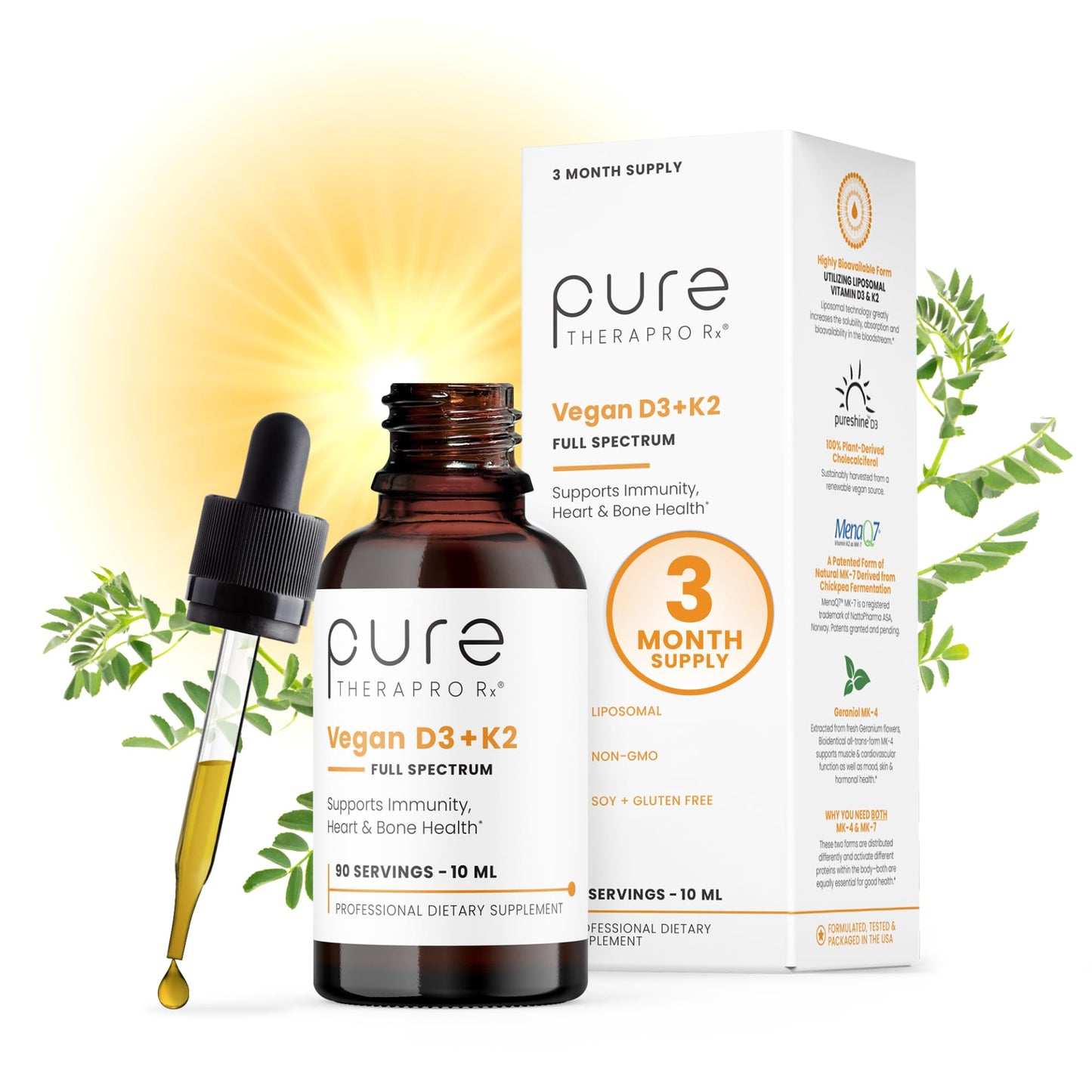 Pure Therapro Rx Vegan D3 + K2 Liposomal 10ml – Made in USA | 3 Month Supply | 5000 IU D3