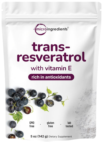 Pure Trans-Resveratrol Powder with Vitamin E – 5 oz, 2-in-1 Micronized Formula