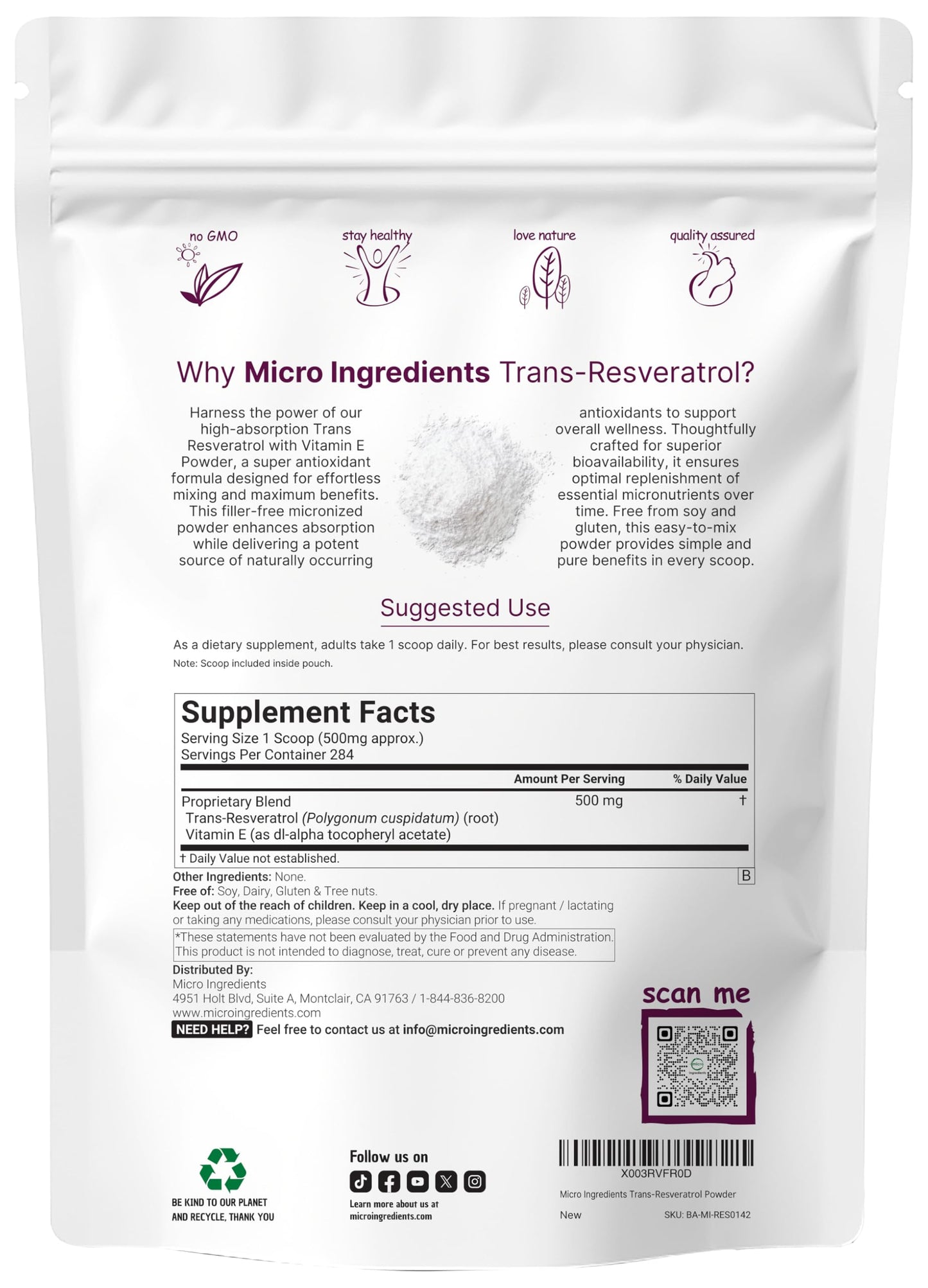 Pure Trans-Resveratrol Powder with Vitamin E – 5 oz, 2-in-1 Micronized Formula