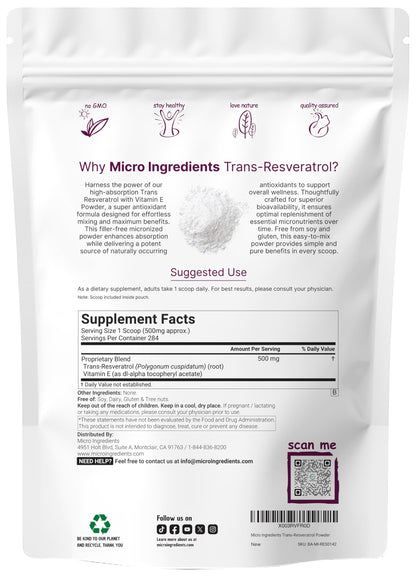 Pure Trans-Resveratrol Powder with Vitamin E – 5 oz, 2-in-1 Micronized Formula