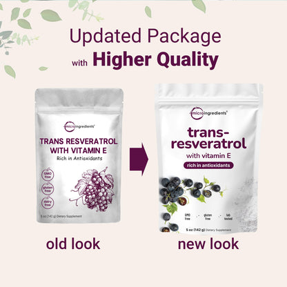 Pure Trans-Resveratrol Powder with Vitamin E – 5 oz, 2-in-1 Micronized Formula