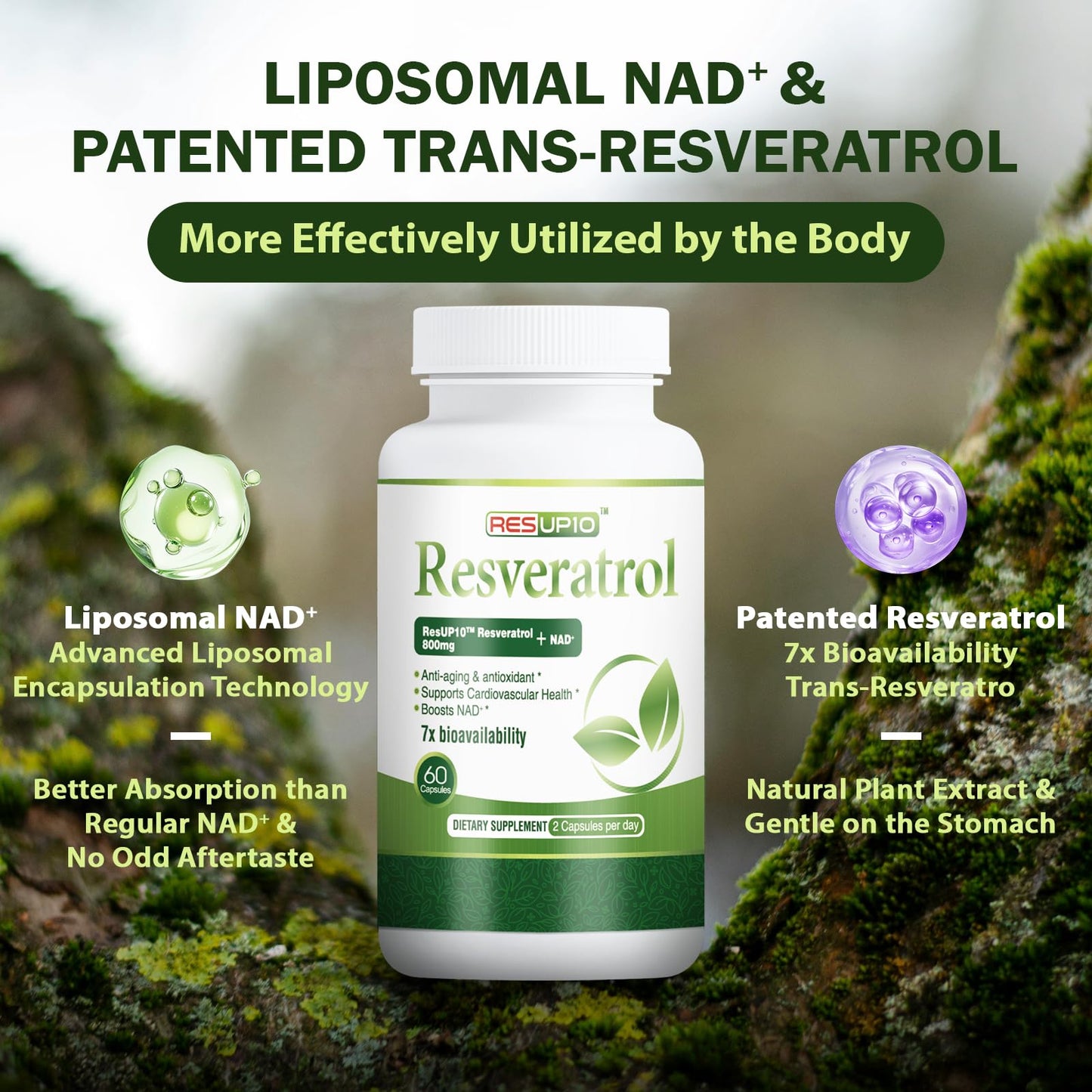 PureBotan Liposomal NAD+ Resveratrol 1300mg – ResUP10, 60 Capsules