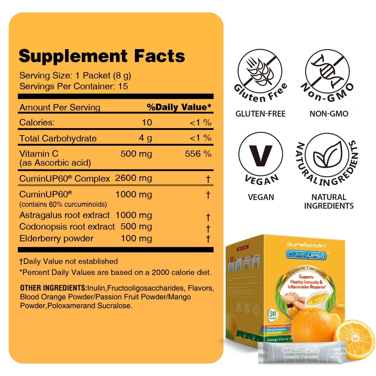 PureBotan Turmeric Curcumin Drink Powder | Orange Immunity Shots with Vitamin C