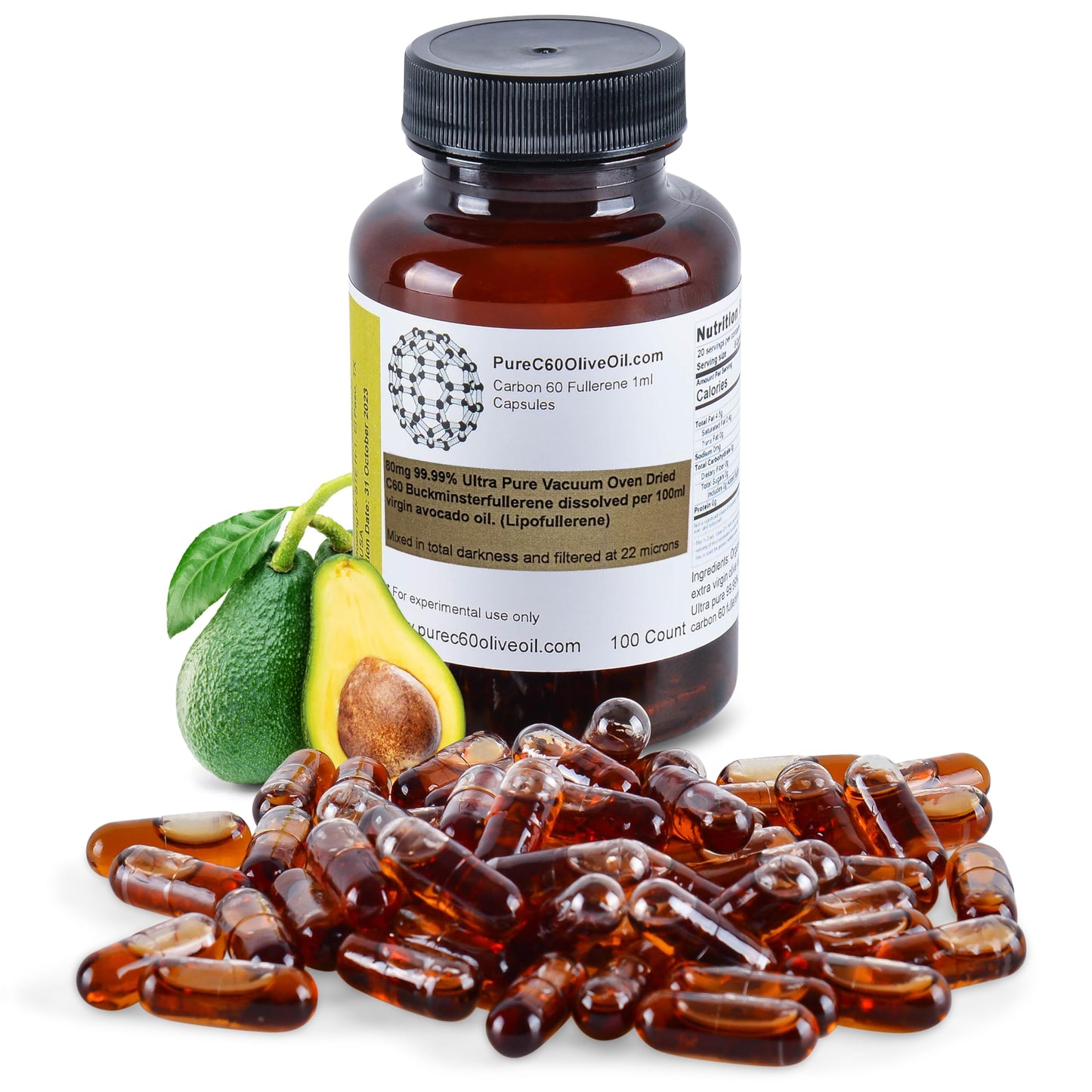 PureC60 Avocado Oil Capsules – C60 Organic 100ml (3.4 Fl Oz) Solvent-Free 80mg | Food Grade