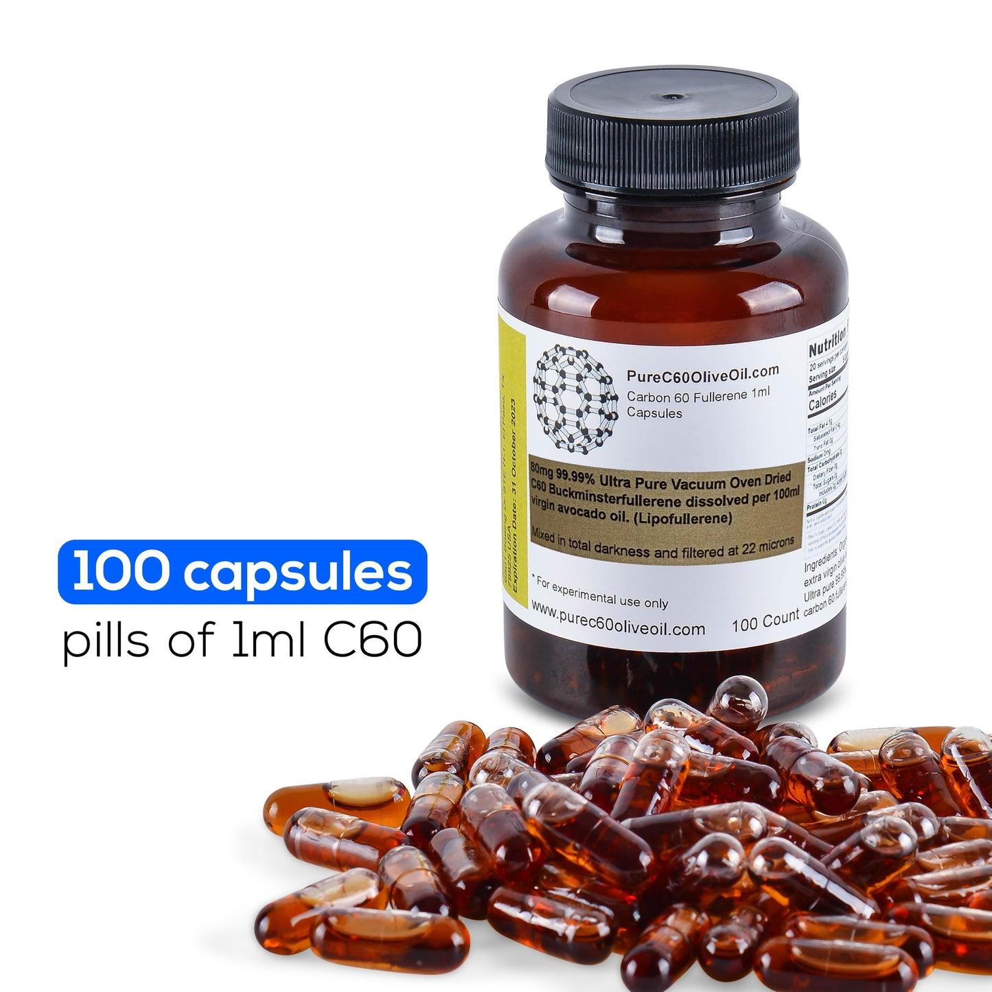 PureC60 Avocado Oil Capsules – C60 Organic 100ml (3.4 Fl Oz) Solvent-Free 80mg | Food Grade