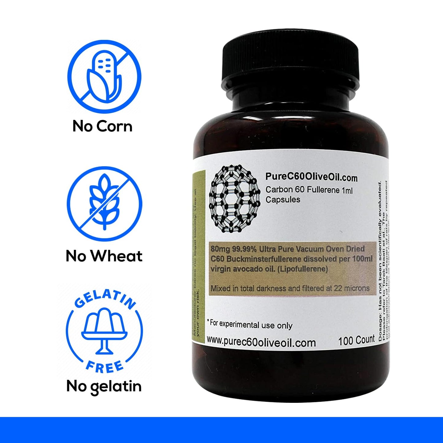 PureC60 Avocado Oil Capsules – C60 Organic 100ml (3.4 Fl Oz) Solvent-Free 80mg | Food Grade