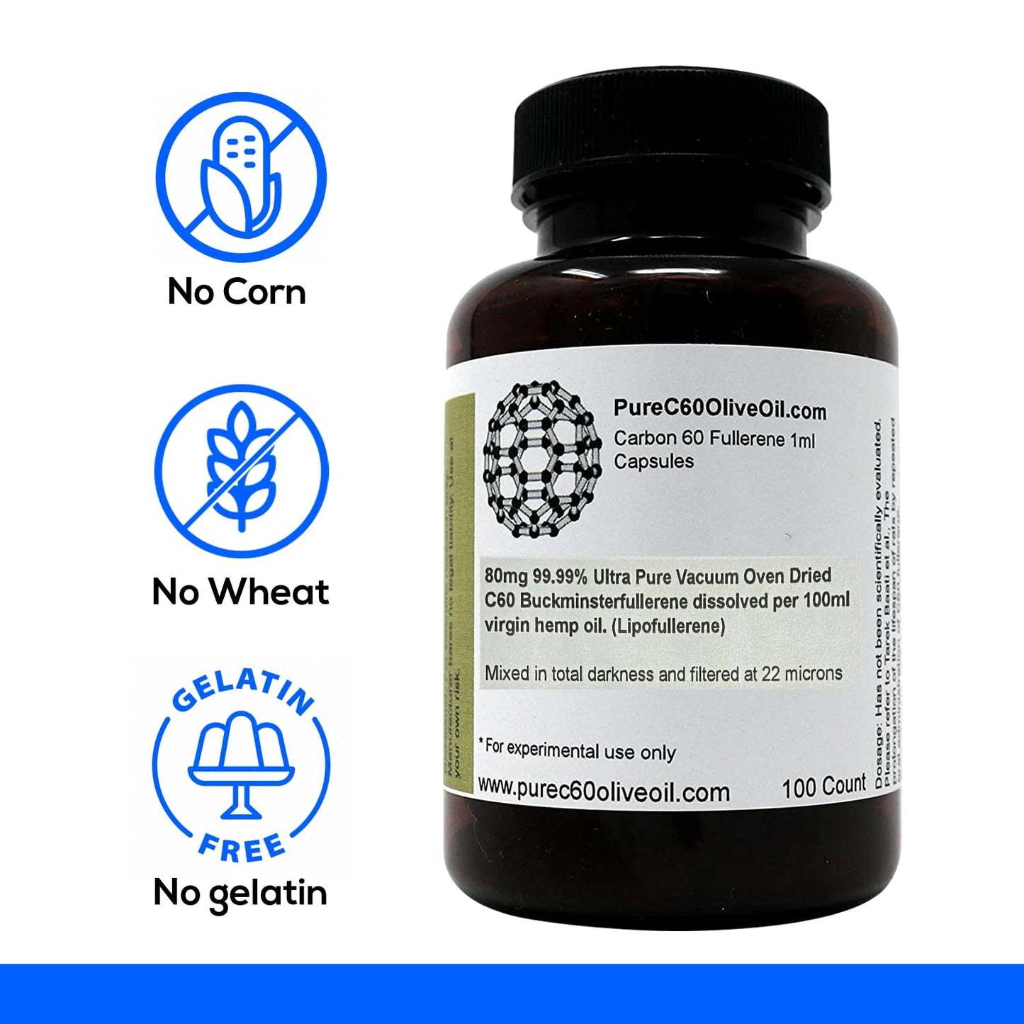 PureC60OliveOil C60 Organic Hemp Seed Oil Capsules Pills 100ml / 3.4 Fl Oz - 99.99% Carbon 60 Solvent Free 80mg - Food Grade - Carbon 60 Hemp Seed Oil - from The Leading Global Producer