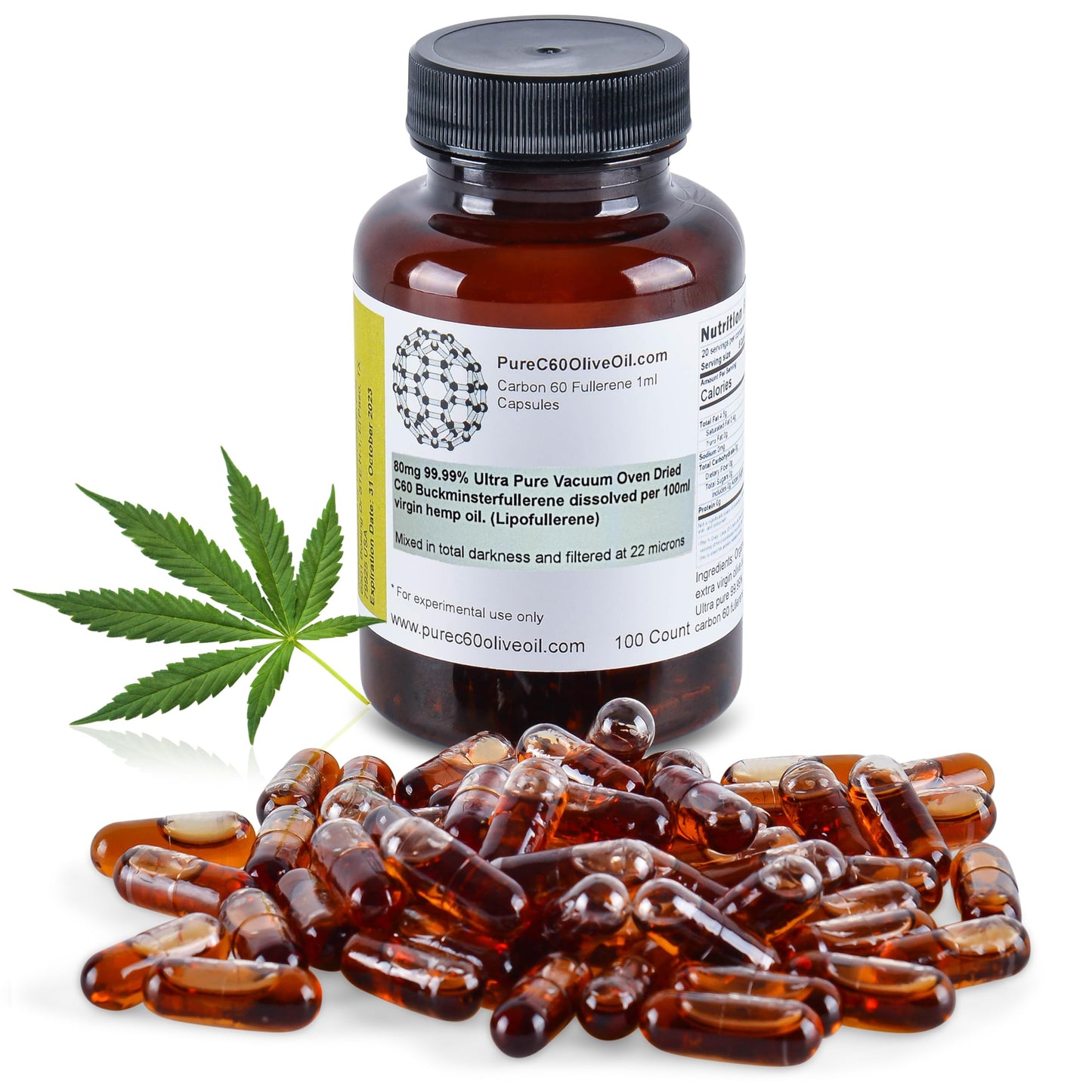 PureC60OliveOil C60 Organic Hemp Seed Oil Capsules Pills 100ml / 3.4 Fl Oz - 99.99% Carbon 60 Solvent Free 80mg - Food Grade - Carbon 60 Hemp Seed Oil - from The Leading Global Producer