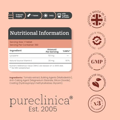 PureClinica Lycopene 50mg 180 Tablets | 6-Month Supply | 3x Strength