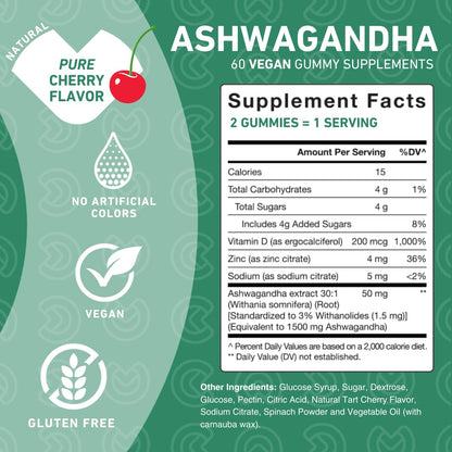 PUREFINITY Ashwagandha Gummies with Vitamin D & Zinc | Relaxation & Mood Support | 60ct
