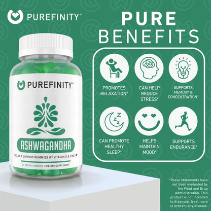 PUREFINITY Ashwagandha Gummies with Vitamin D & Zinc | Relaxation & Mood Support | 60ct