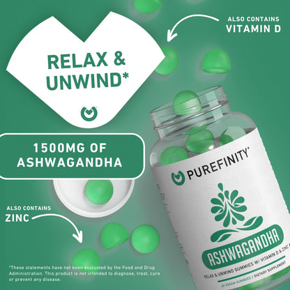 PUREFINITY Ashwagandha Gummies with Vitamin D & Zinc | Relaxation & Mood Support | 60ct