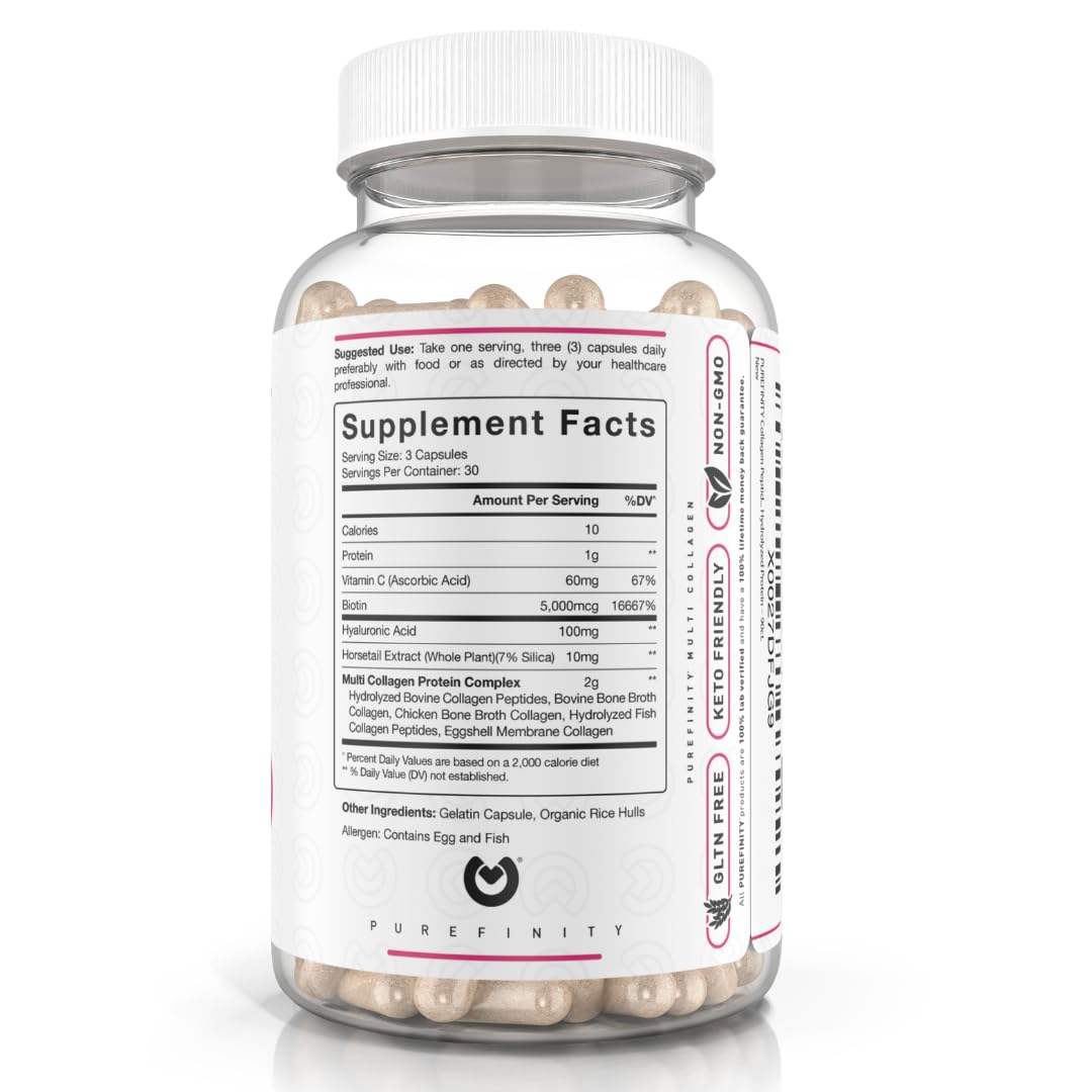 PUREFINITY Collagen Peptides for Women – Multi-Type I/II/III/V/X with Biotin & Hyaluronic Acid | 90 Capsules