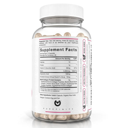PUREFINITY Collagen Peptides for Women – Multi-Type I/II/III/V/X with Biotin & Hyaluronic Acid | 90 Capsules