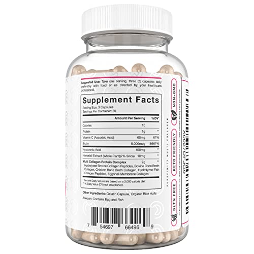 PUREFINITY Collagen Peptides for Women – Multi-Type I/II/III/V/X with Biotin & Hyaluronic Acid | 90 Capsules