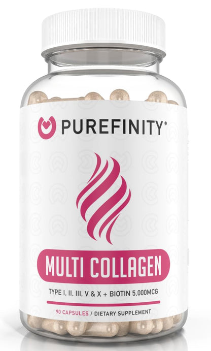 PUREFINITY Collagen Peptides for Women – Multi-Type I/II/III/V/X with Biotin & Hyaluronic Acid | 90 Capsules