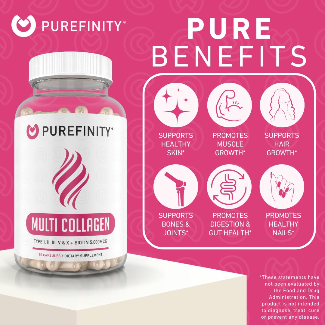 PUREFINITY Collagen Peptides for Women – Multi-Type I/II/III/V/X with Biotin & Hyaluronic Acid | 90 Capsules