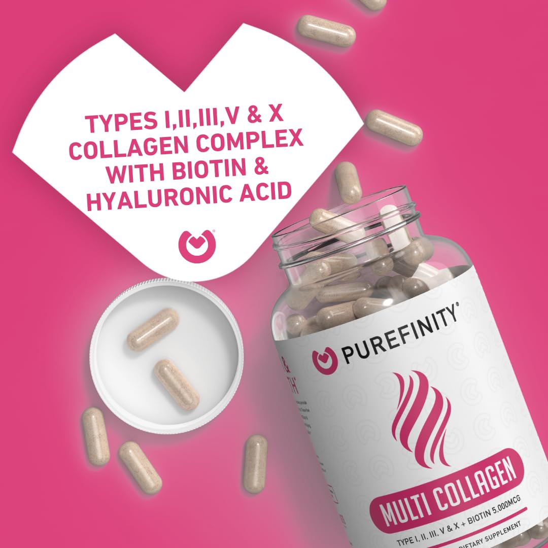 PUREFINITY Collagen Peptides for Women – Multi-Type I/II/III/V/X with Biotin & Hyaluronic Acid | 90 Capsules