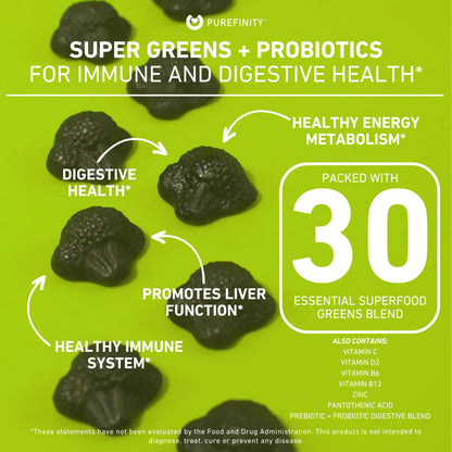 PUREFINITY Daily Super Greens Gummies with Spirulina, Spinach, Broccoli, Beet Root, Acai, and Other Vegetables, All-in-One Veggie Supplement – Non-GMO, Gluten Free, Vegan, 60 Count (Pack of 2)