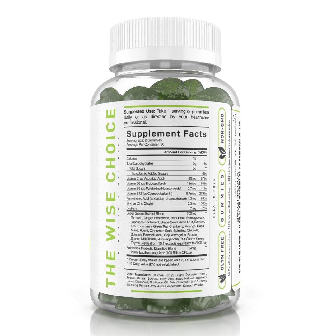 PUREFINITY Daily Super Greens Gummies with Spirulina, Spinach, Broccoli, Beet Root, Acai, and Other Vegetables, All-in-One Veggie Supplement – Non-GMO, Gluten Free, Vegan, 60 Count (Pack of 2)