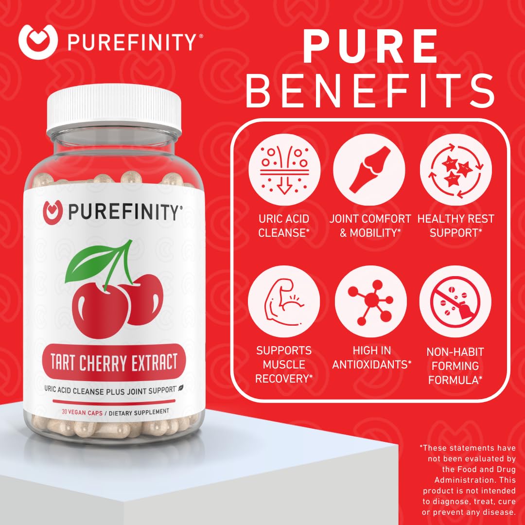 PUREFINITY Tart Cherry Capsules – Uric Acid Flush & Joint Support (30 Count) – Non-GMO, Gluten Free, Vegan