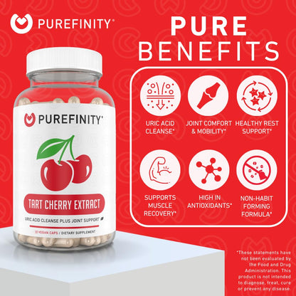 PUREFINITY Tart Cherry Capsules – Uric Acid Flush & Joint Support (30 Count) – Non-GMO, Gluten Free, Vegan