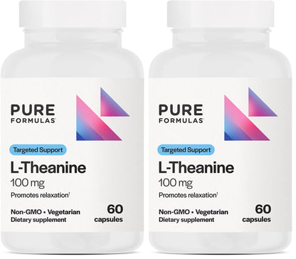 PureFormulas L-Theanine Supplement 100 mg – Supports Stress Levels, Relaxed State, Mood, Sleep | Dairy Free, Soy Free, Non-GMO (60 Vegetarian Capsules, Pack of 2)