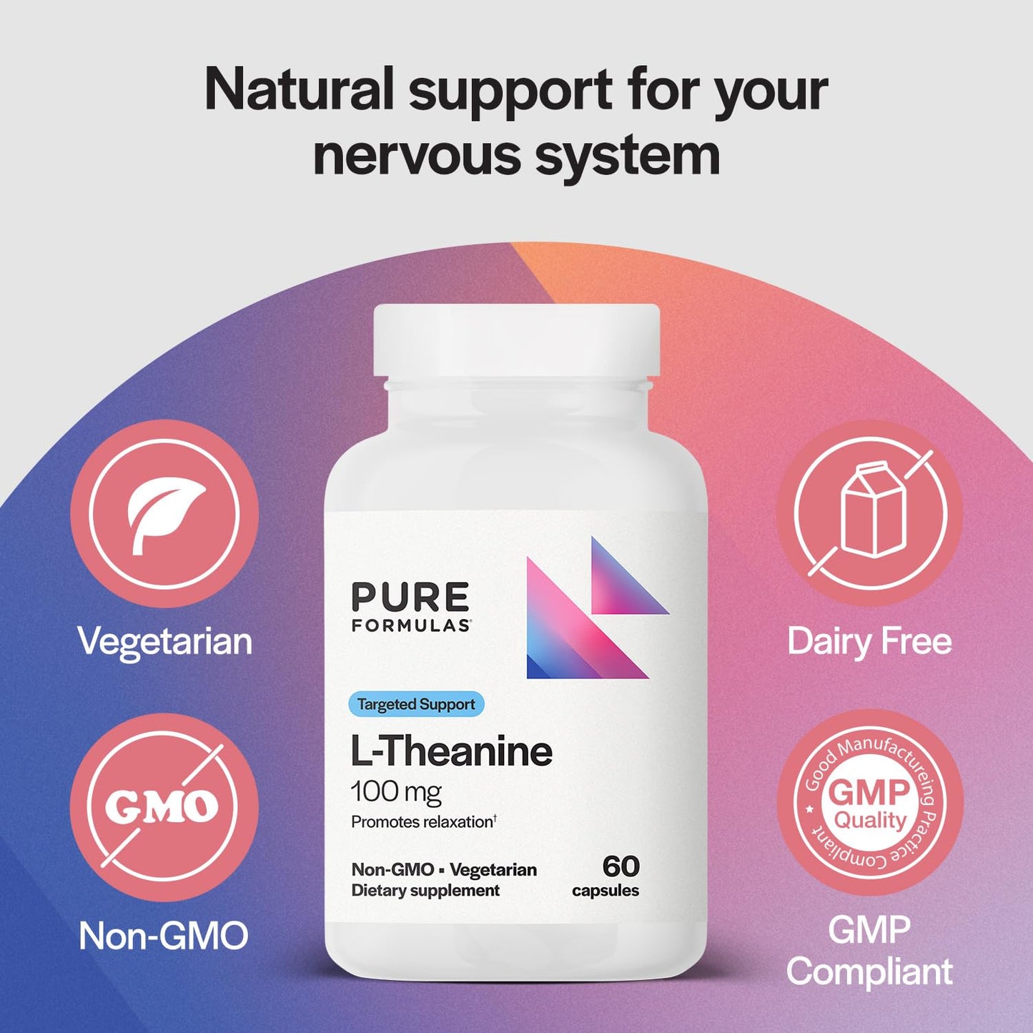 PureFormulas L-Theanine Supplement 100 mg – Supports Stress Levels, Relaxed State, Mood, Sleep | Dairy Free, Soy Free, Non-GMO (60 Vegetarian Capsules, Pack of 2)